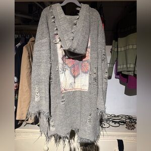 Nu Vintage Gray Distressed Open-Front Cardigan with Butterfly